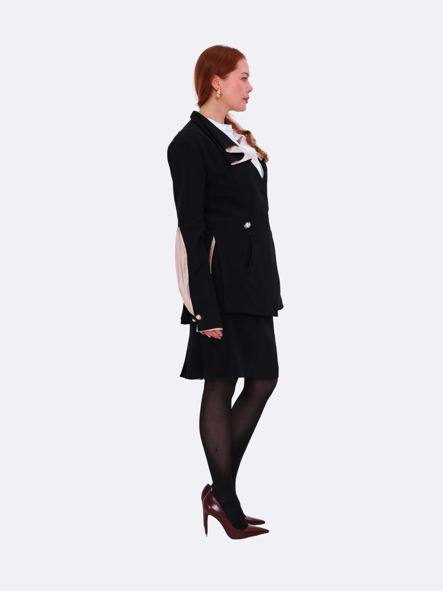 The DAY Suit — wool crepe — black / silk — Petal Pink