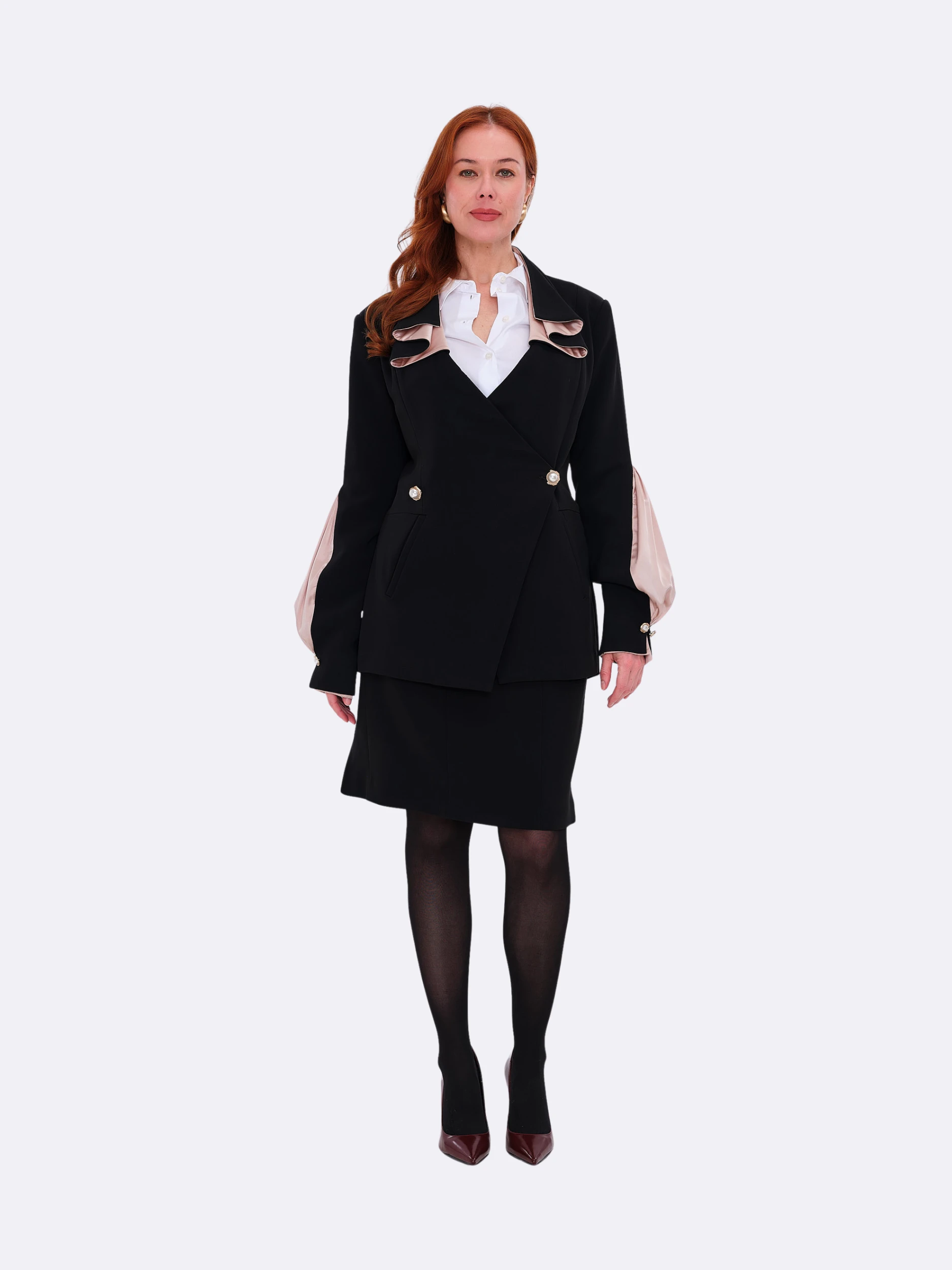 The DAY Suit — wool crepe — black / silk — Petal Pink